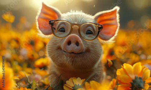 Piglet in glasses stands in field of flowers photo