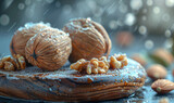 Walnuts on wooden board with water drops