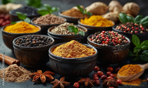 Selection of various colorful spices on black slate background