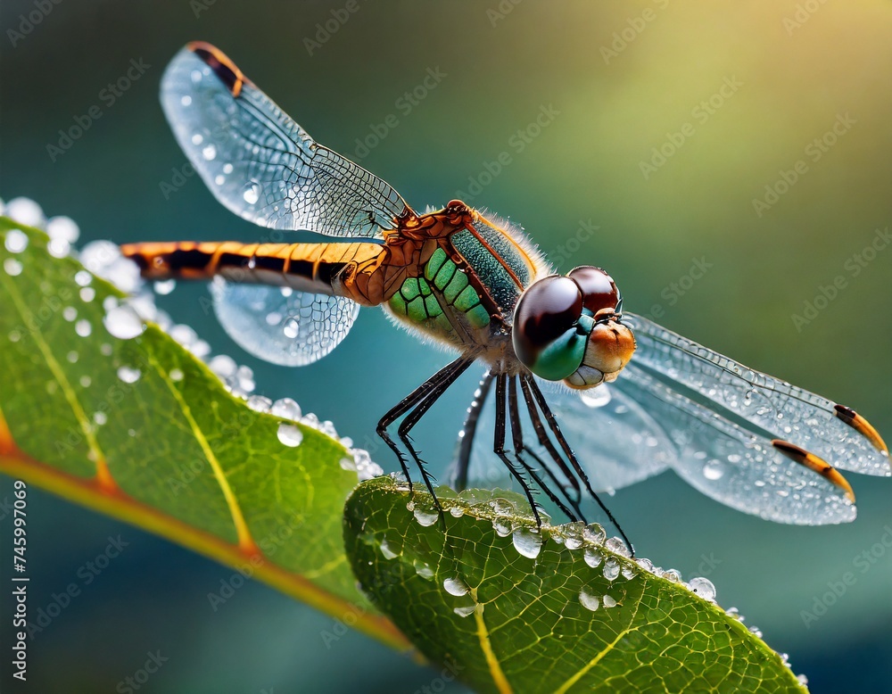 Dragonfly next to a dewy leaf. Nature background. Dragonfly next to a dewy leaf. Nature background.