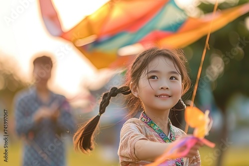 Heartwarming Family Bonding Asian Daughter Joyfully Flying a Kite in a Village Park, with Loving Parents Providing Support in the Background