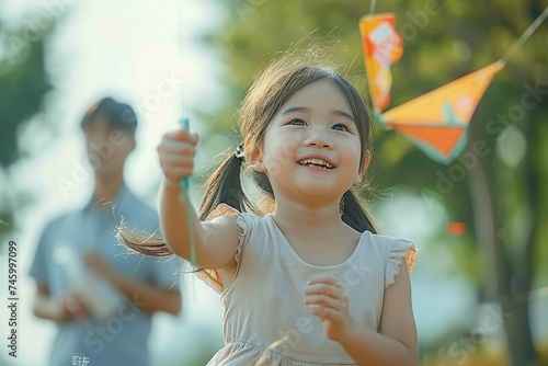 Heartwarming Family Bonding Asian Daughter Joyfully Flying a Kite in a Village Park, with Loving Parents Providing Support in the Background © photobuay