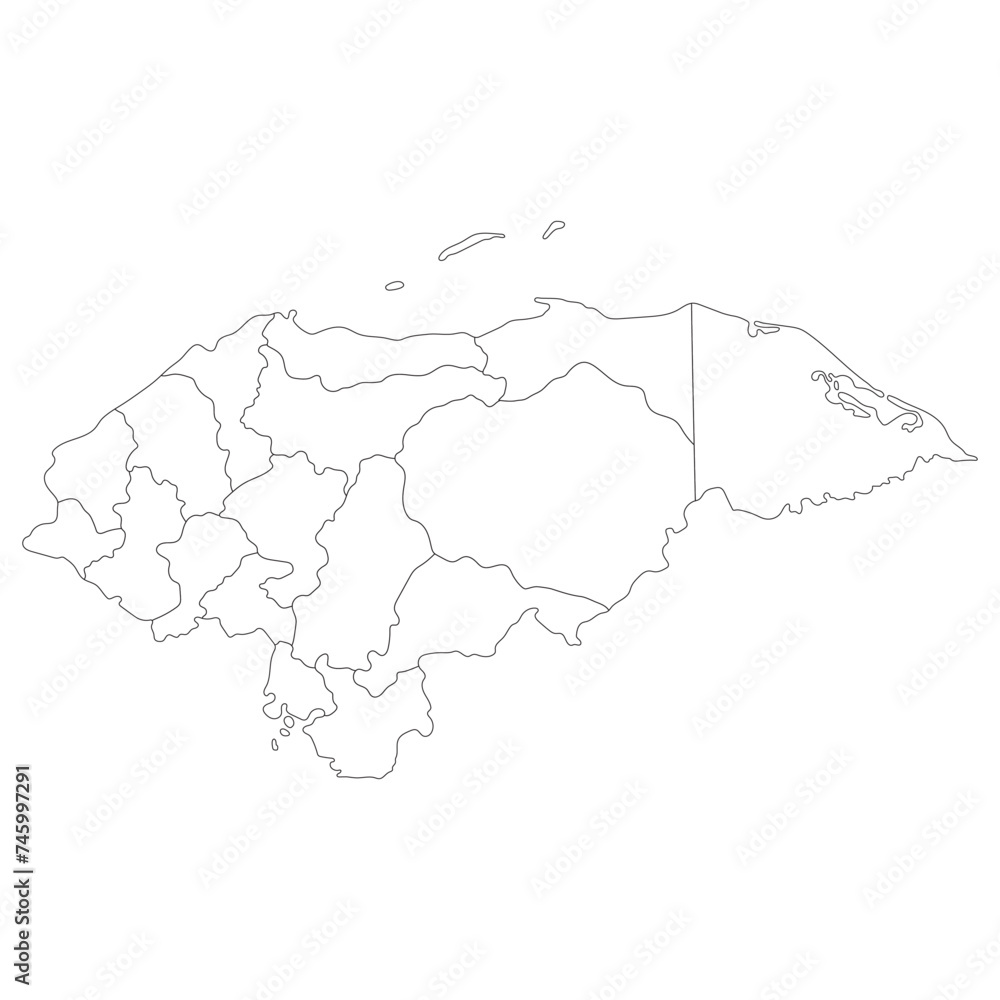Honduras map. Map of Honduras in administrative provinces in white color