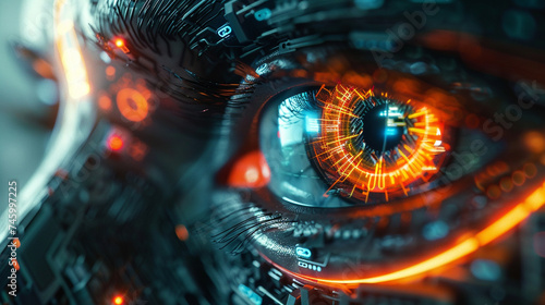 A highly detailed, digitally enhanced eye representing futuristic artificial intelligence and advanced robotics.
