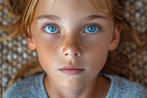 Intense close-up of a child's freckled face and clear blue eyes