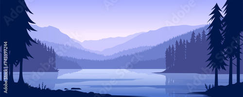Night panoramic landscape of a lake with forest silhouettes against the backdrop of beautiful mountains. Vector illustration of a stunning mountain lake at night.