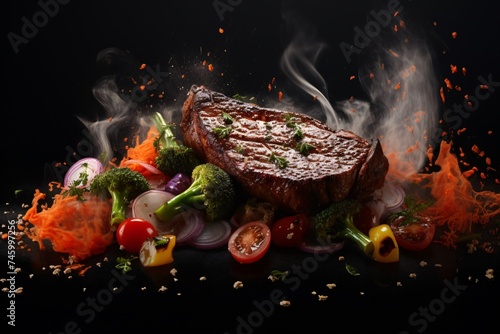 a steak and vegetables with smoke