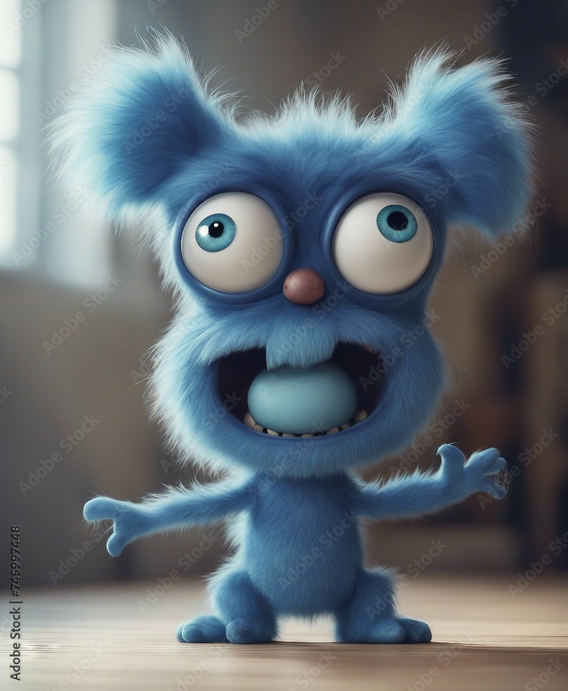 Blue furry monster with two large eyes and a big nose on white background, cute, first day of school Blue furry monster with two large eyes and a big nose on white background, cute, first day of school