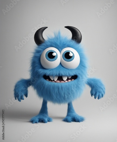 Blue furry monster with two large eyes and a big nose on white background, cute, first day of school