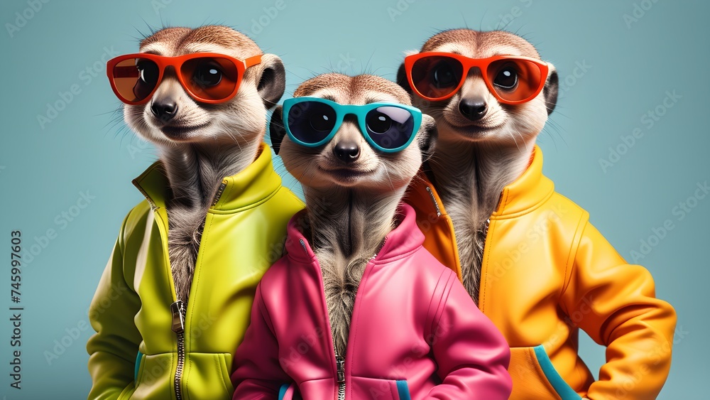 Cool Meerkats With Sunglasses Vibrant Bright Fashionable Tracksuits. Generative AI