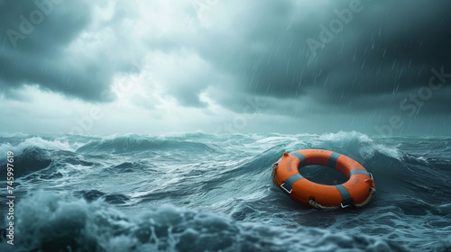 A lifebuoy bobs in the tumultuous waters of a stormy ocean, a vivid symbol of safety amidst the tempest.