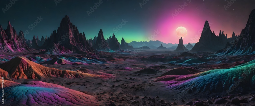 Alien Landscape Psychedelic Color Darkness. Generative AI