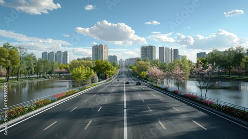 View of road highway with lake garden and modern city skyline in background --ar 16:9 --v 6 Job ID: 9b9de213-e473-4d73-88ec-d1082ce6cd70