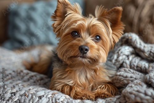 A small, fluffy Yorkshire Terrier dog lying down on a soft, grey knitted blanket, offering a sense of warmth and comfort © Pinklife