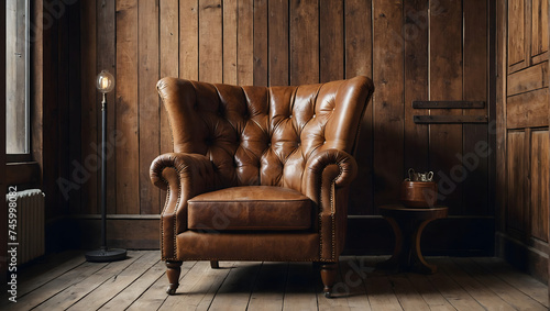Vintage-inspired interior design with a brown leather chair against a rustic wooden wall. 