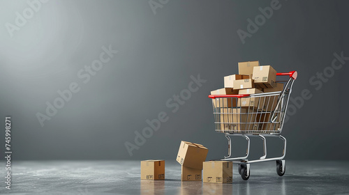 Conceito de compras online com carrinho cheio de caixas, fundo cinza 
