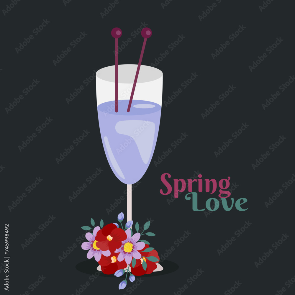 Flat Design Spring Love Illustration with Flowers Drink Glass