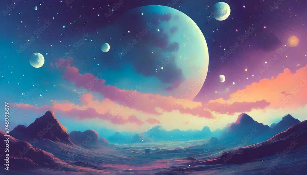 Beautiful surreal cosmic landscape in pastel colours. Barren planet surface, many moons in the sky.