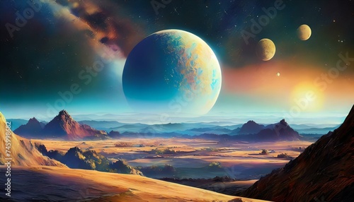 Beautiful surreal cosmic landscape. Barren planet surface, many moons in the sky.