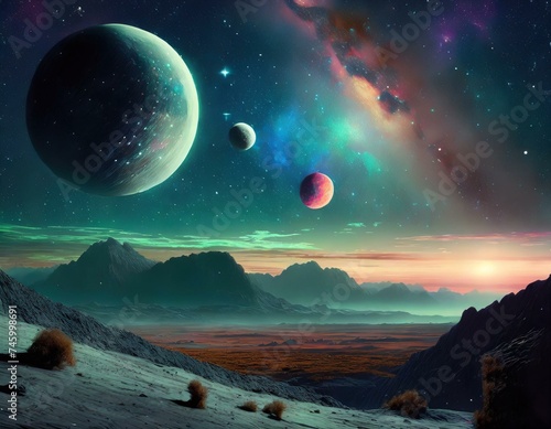 Beautiful surreal cosmic landscape. Barren planet surface  many moons in the sky.
