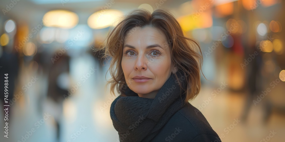 Mature brunette Caucasian woman exuding confidence and poise in a dynamic stance against the backdrop of a bustling, motion-blurred shopping mall