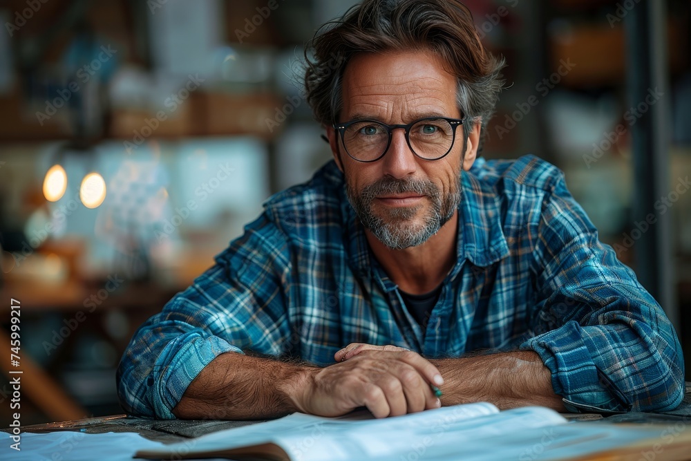A contemplative man with glasses reading a book, evoking relaxation and intellect in a warm setting A contemplative man with glasses reading a book, evoking relaxation and intellect in a warm setting