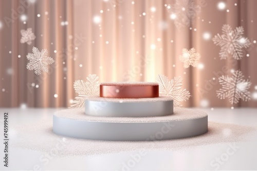 3D Podium with background soft bokeh, podium for product presentation, geometric shape for product display presentation, stage showcase, promotion display, Christmas, New year.