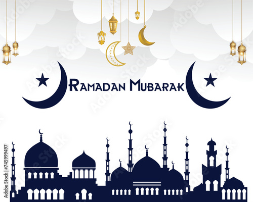  Ramadan kareem decorative moon with hanging lamps design. Ramadan kareem with arabic calligraphy, crescent moon, traditional and Islamic ornamental. Black and white Ramdan kareem. Ramadan elebration. photo