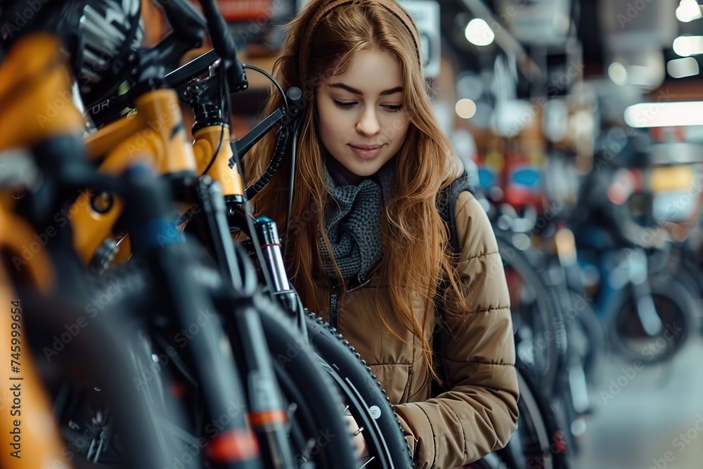 Embracing Urban Lifestyle A Modern Woman Intrigued by Electric Bikes in a Vibrant Cycle Store, Reflecting Eco-Friendly City Living Embracing Urban Lifestyle A Modern Woman Intrigued by Electric Bikes in a Vibrant Cycle Store, Reflecting Eco-Friendly City Living