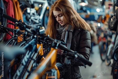 Embracing Urban Lifestyle A Modern Woman Intrigued by Electric Bikes in a Vibrant Cycle Store, Reflecting Eco-Friendly City Living