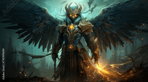 Fantasy character with bird-like features, including wings, face, and glowing eyes, with humanoid hands and feet