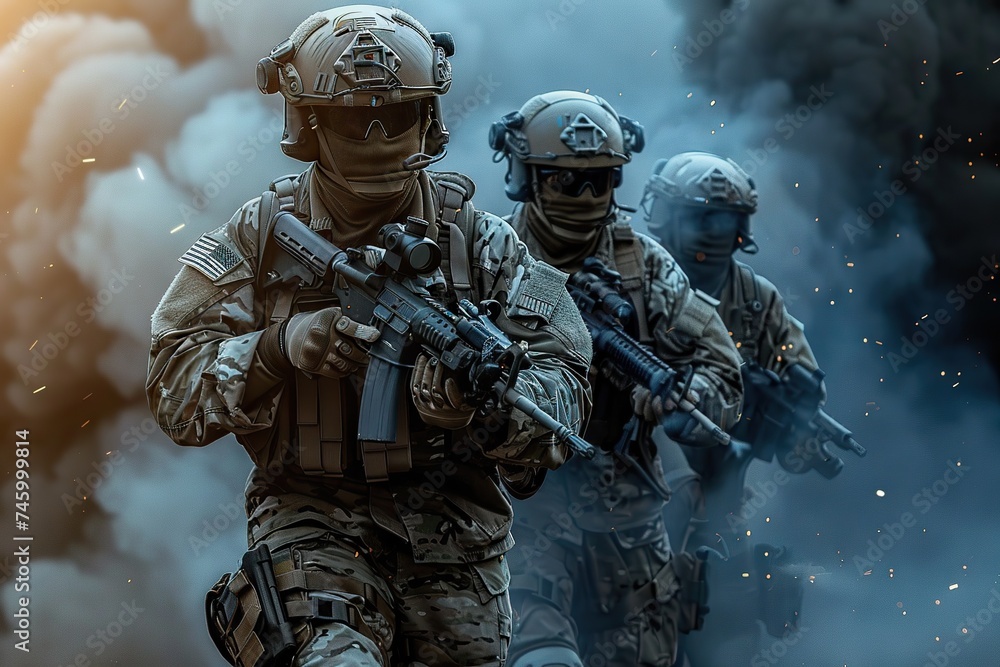 Naklejka premium Future Warfare Dynamics Special Forces Execute Precision Mission with Advanced Team Tactics, Illustrating Evolved Military Concepts.