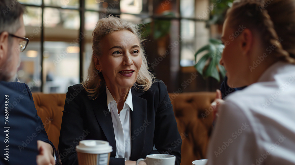 Corporate Professionals Discussing Interest Rates and Strategy Over Coffee - Dynamic Decision-Making Process in Business Finance Meeting Corporate Professionals Discussing Interest Rates and Strategy Over Coffee - Dynamic Decision-Making Process in Business Finance Meeting