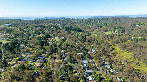 Drone aerial photograph of houses in the outskirts of the town of Katoomba in the upper Blue Mountains in New South Wales in Australia