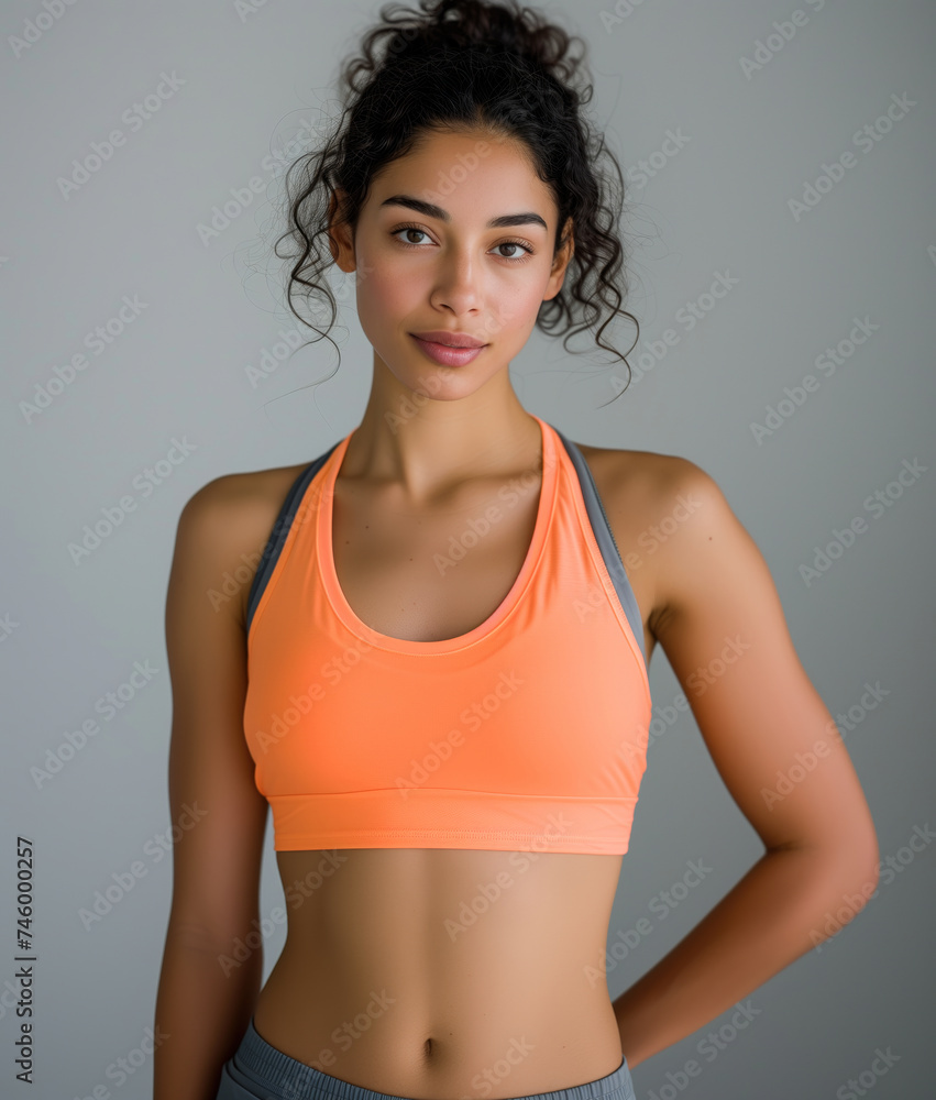 Attractive, strong and young sports woman with a sports bra posing after workout showing strong, sporty and slim body: Athletic young mixed-race woman with curly hair in an orange sports bra. Attractive, strong and young sports woman with a sports bra posing after workout showing strong, sporty and slim body: Athletic young mixed-race woman with curly hair in an orange sports bra.
