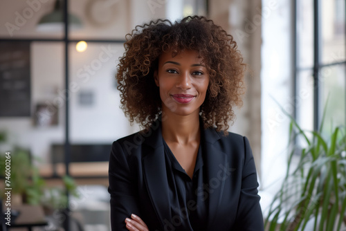 Portrait of a confident black businesswoman with curly hair in a black blazer, poised and smiling in a modern office setting.