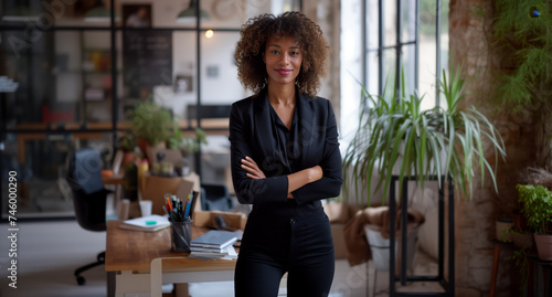 Attractive chic black female business professional standing at workspace: Confident black businesswoman with curly hair in a smart black suit, arms crossed in a vibrant office with green plants. © Sascha