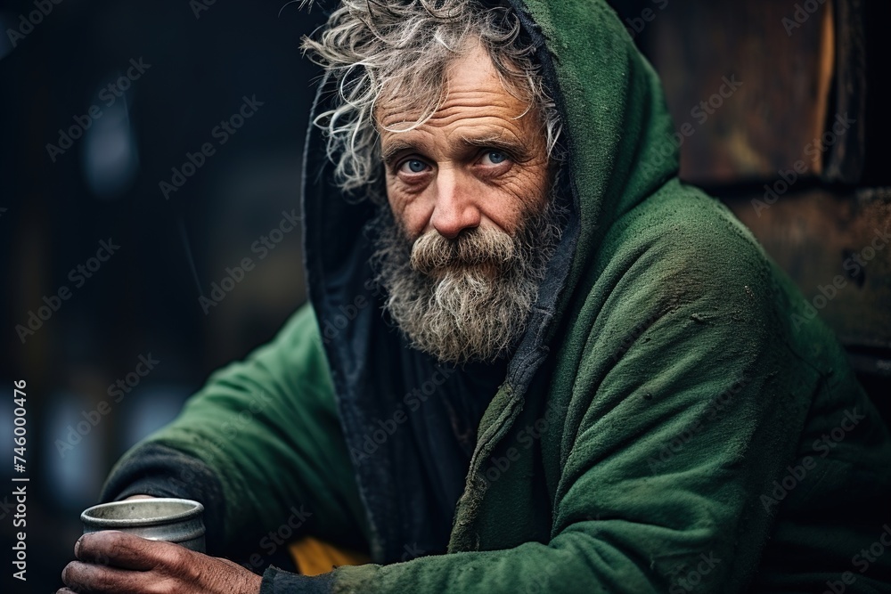 old homeless man in a hoodie