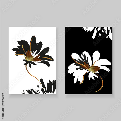 Set of minimalistic elegant wall decor posters. Black, white and gold botanical print with abstract flowers. Creative templates for cards, posters, covers, home decor..​