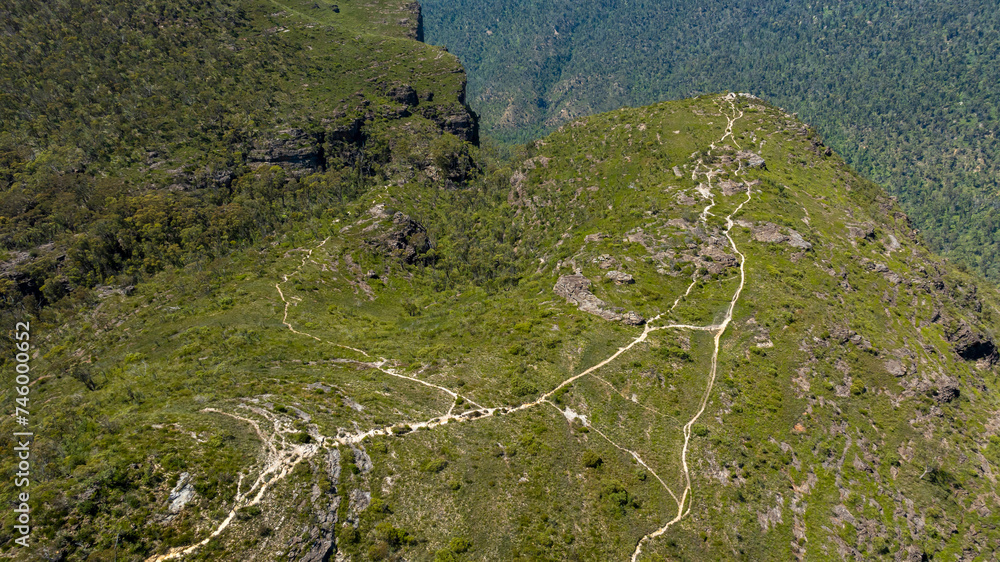 Drone aerial photograph of dirt walking tracks that get you to lookouts in the Grose Valley in the Blue Mountains in New South Wales in Australia Drone aerial photograph of dirt walking tracks that get you to lookouts in the Grose Valley in the Blue Mountains in New South Wales in Australia