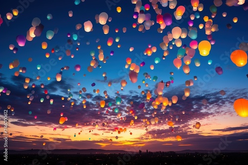 many colorful Hot Air Fire Lantern up in the sky