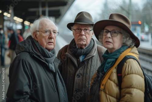 A somber group of three elderly individuals with a reflective mood at an urban train station