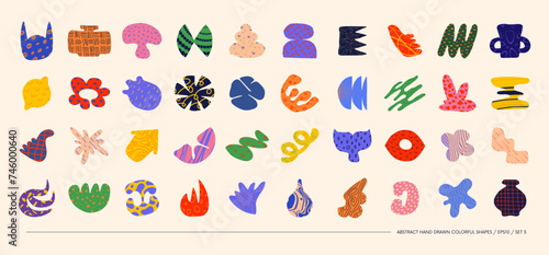 Collection of minimalistic bizarre abstract geometric shapes and forms with different textures in contemporary style, Hand drawn colorful primitive, Vector doodle objects and graphic elements, set 3