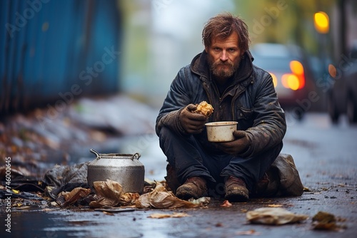 homeless man on the street eating bread