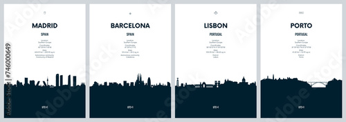 Travel vector set with city skylines Madrid, Barcelona, Lisbon, Porto, detailed city skylines minimalistic graphic artwork