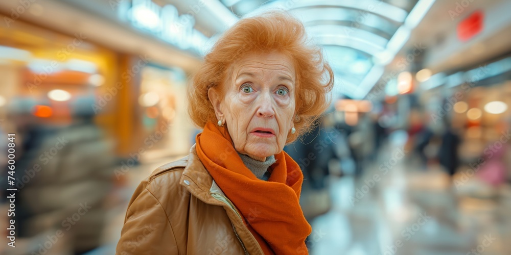 senior red-headed Caucasian woman exudes timeless elegance and confidence as she strikes a dynamic pose amidst the bustling motion of a contemporary shopping mall.