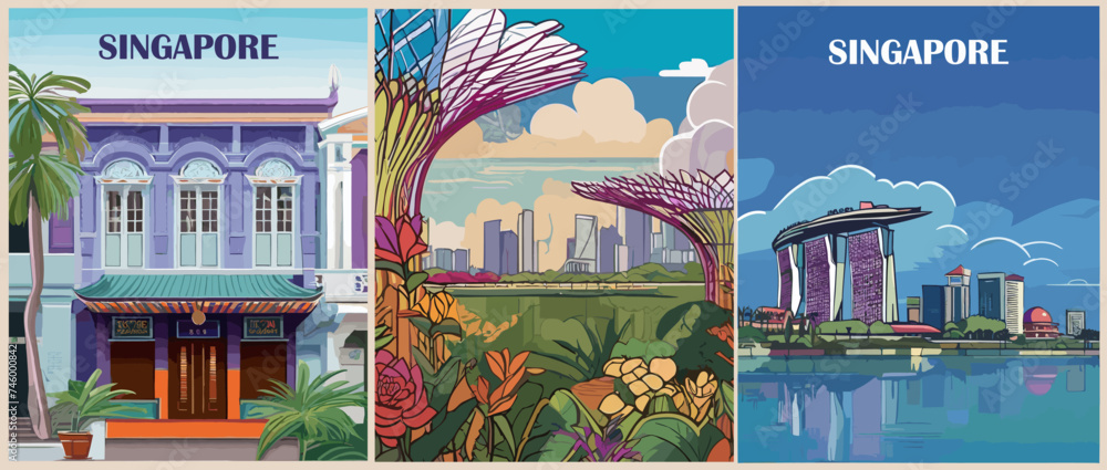 Set of Travel Destination Posters in retro style. Singapore, Southeast Asia travel prints. Exotic summer vacation, international holidays concept. Vintage vector colorful illustrations. - obrazy, fototapety, plakaty 