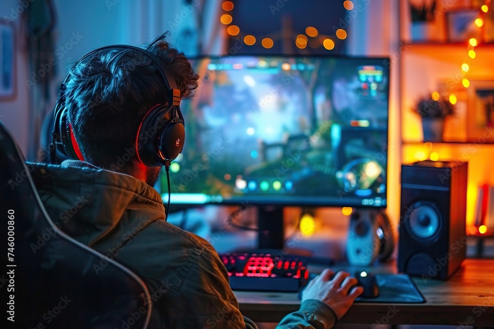 Immersed in Virtual Reality A Gamer’s Back View Reveals an Intense Online Gaming Session on His Powerful Personal Computer at Home. Immersed in Virtual Reality A Gamer’s Back View Reveals an Intense Online Gaming Session on His Powerful Personal Computer at Home.