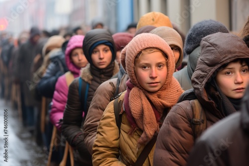Refugee crisis. children in line in camp