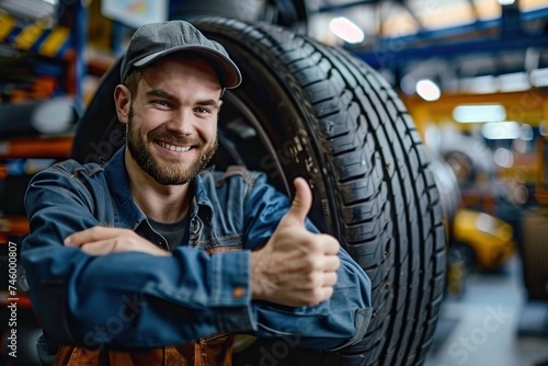 Cheerful Auto Mechanic Expressing Satisfaction with a Thumbs Up While Holding a Car Tire in a Professional Repair Shop